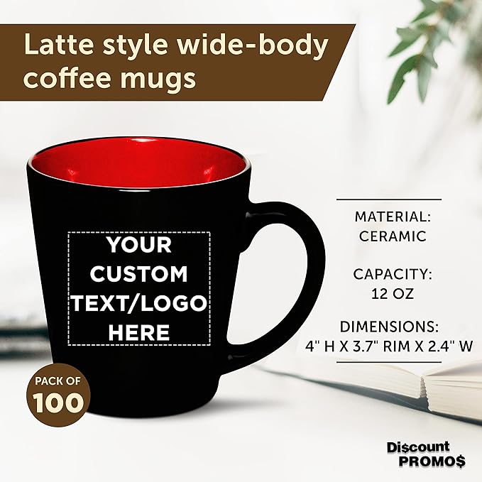 Custom Ceramic Coffee Latte Mugs 12 oz. Set of 100, Personalized Bulk Pack - Perfect for Coffee, Tea, Espresso, Hot Cocoa, Other Beverages - Red