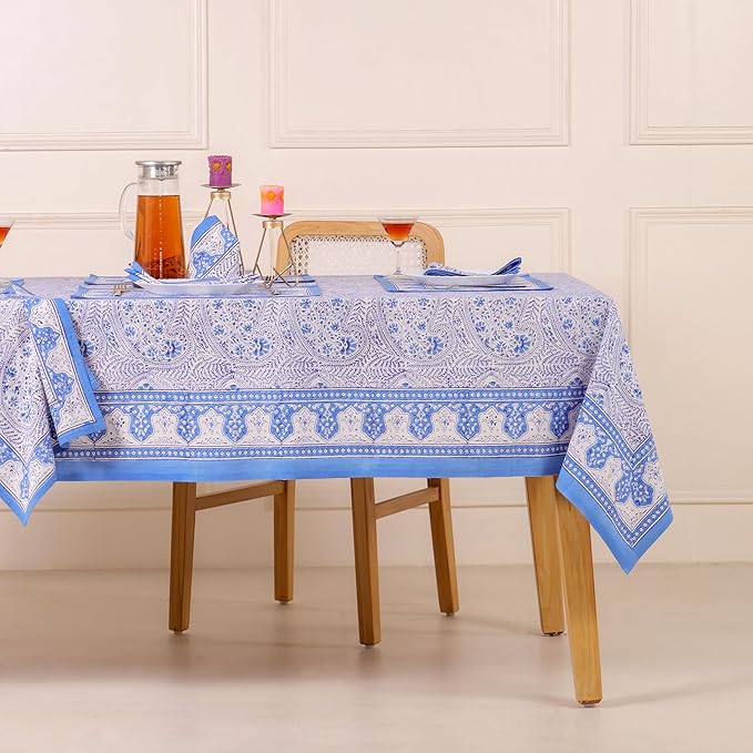 Hand Block Printed Table Cover - Exquisite Design, Premium Cotton Fabric, Perfect for Dining and Decor, Dining Table Linen(Arctic Blue,8 Seater 70 x 108 Inches Rectangle)