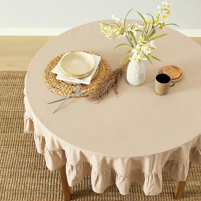 MONDAY MOOSE Ruffle Farmhouse Rustic Round Natural Stonewashed Cotton Tablecloth for Kitchen, Dining Room, Restaurant (60" Round, Natural)