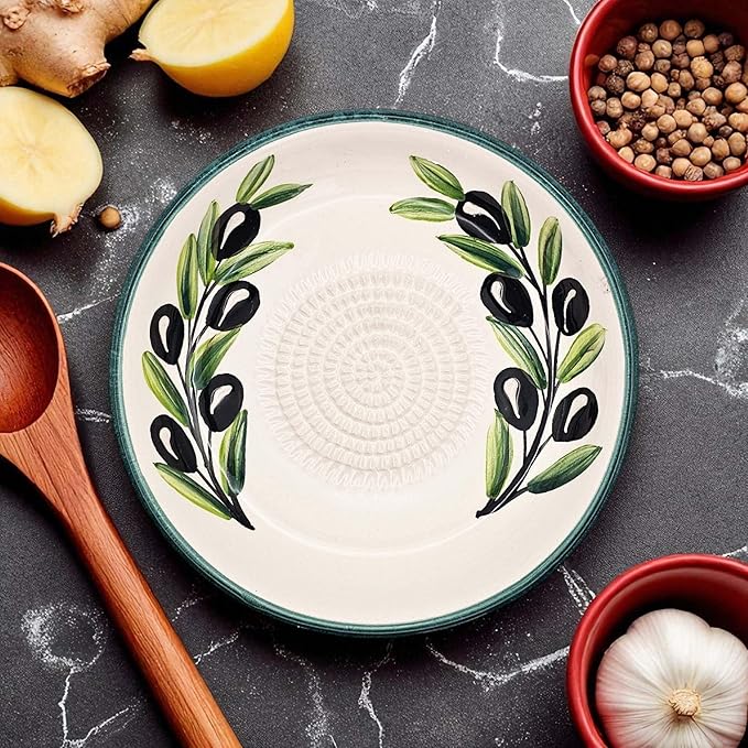 Ceramic Grater Bowl, Garlice Grater Plate, Handmade Ginger Grater, Mincer Bowl for Cheese &Vegetables, Ceramic Decorative Mincer, Hand Dish for Garlic (Olive Branch)