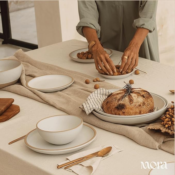 MORA Medium Plates Set of 4, 8.5 inch Ceramic Pottery Salad Plates - Microwave, Oven and Dishwasher Safe - Oat