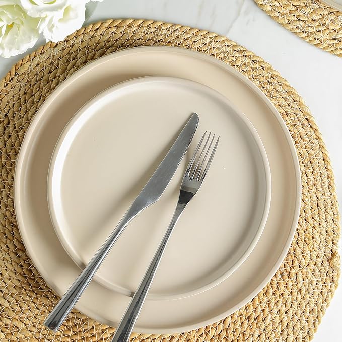 Earth & Clay Amber 24-Piece Dinnerware Set Stoneware, Dishwasher and Microwave Safe Plates and Bowls Set, Dish Set for 8, Beige