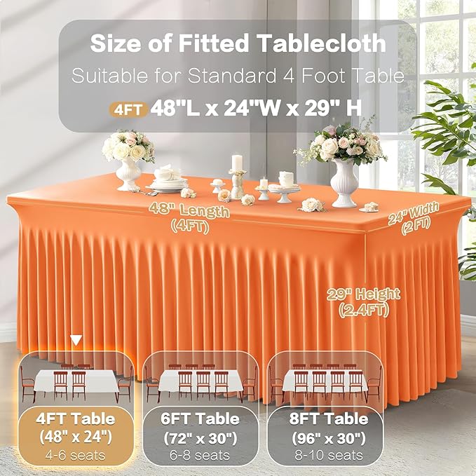 2 Packs Orange Spandex Tableclothes for 4 Foot Rectangle Table, Spandex Table Covers 4FT Stretch Table Skirts Rectangle Wrinkle Free Fitted Tablecover for Event, Wedding, Banquet & Parties