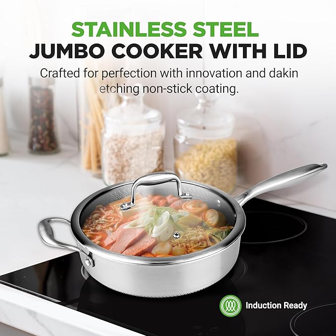 3.4QT Stainless Steel Jumbo Cooker - Triply Kitchenware Jumbo Cooker with Glass Lid - DAKIN Etching Non-Stick Coating, Scratch-resistant Raised-up Honeycomb Fire Textured Pattern - NutriChef NC3PSAUC