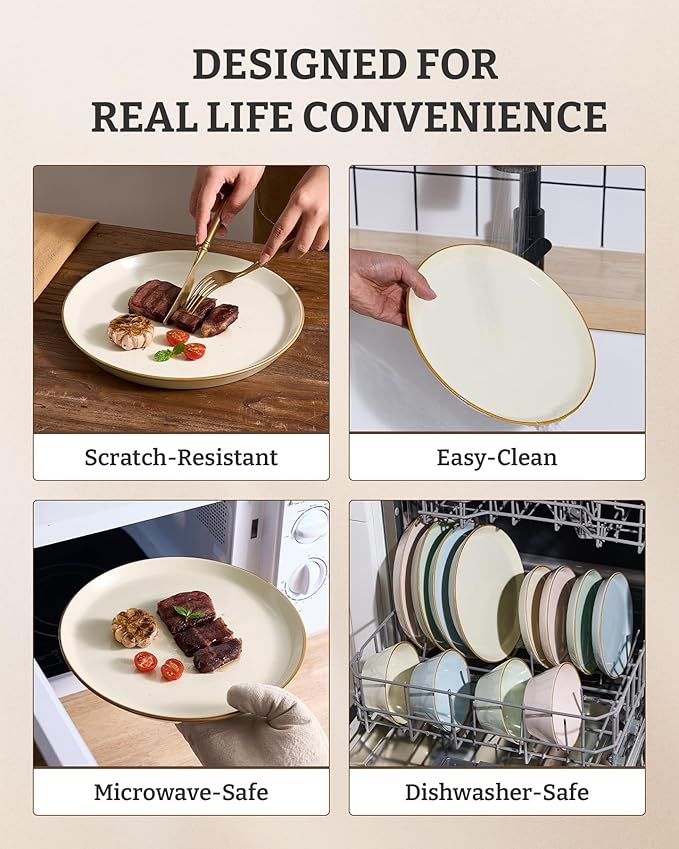 Famiware Saturn Stoneware Dinnerware Sets for 8 (24 Pieces), Ceramic Plates and Bowls Dish Sets with Hand-Painted Trim - Chip & Scratch Resistant, Microwave & Dishwasher Safe Tableware, Vanilla White