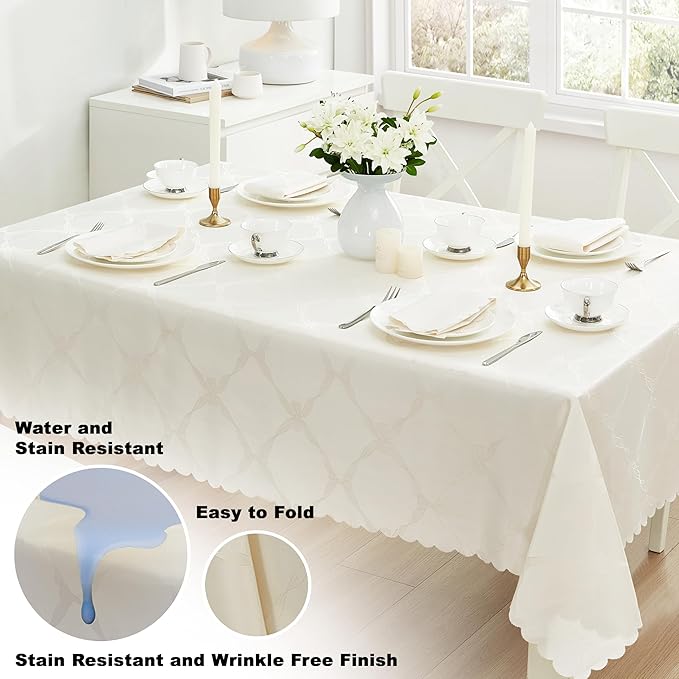 Newbridge Ribbons and Bows Damask Spring & Easter Holiday Fabric Tablecloth, Ivory, 60 x 84 Inch Rectangle, Wrinkle & Stain Resistant Table Cover