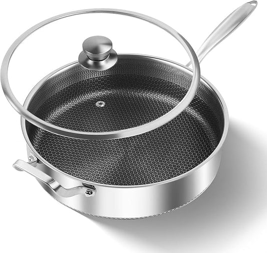 Frying Pans Nonstick wih Lid, Non Stick Tri-Ply Stainless Steel Saute Pan, 7 Quarts Large Sauté Pan, 12 Inch Induction Cooking Pan, Dishwasher and Oven Safe, PFOA Free