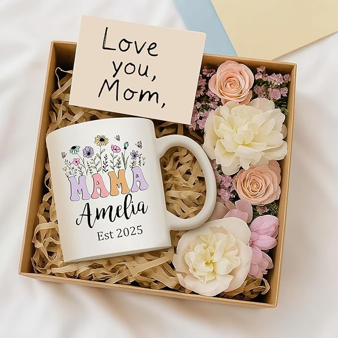 Custom Christmas Coffee Mug Gifts for Mom,11oz Personalized Ceramic Mama Cup with Photo Text & Birth Flower, Customized Birthday Gift for New Moms (Mom-Text)