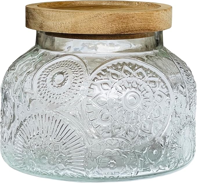 Decorative Glass Jar with Airtight Wooden Lid 40 oz, Flower Embossed Wide Mouth Vintage Kitchen Food Storage Container for Cookie Candy Honey Flour Spice Coffee Tea, Home Decor Sand Candle Holder Vase