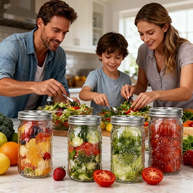 CycleMore 6 Pack 32oz Glass Mason Jars with Silver Two-Piece Lids - Wide Mouth Jars, 1 Quart Canning Jars With Sunflower Print for Preserving, Decor & Storage