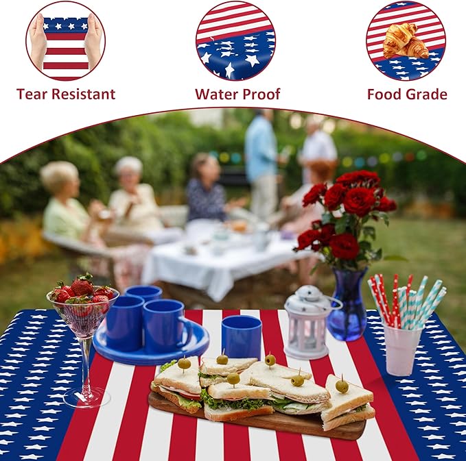 QZYL 6 Pack 4th of July Decorations, 54" x 108" USA Plastic Table Cover, Water Proof Fourth of July Tablecloth Patriotic Tablecloths, Red White Blue USA Decor Memorial Day Party Supplies