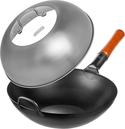 YOSUKATA Carbon Steel Wok Pan – 13,5 “ Woks and Stir Fry Pans + Wok Lid 12.8 Inch - Premium Stainless Wok Cover with Tempered Glass Insert Steam Holes and Ergonomic Handle