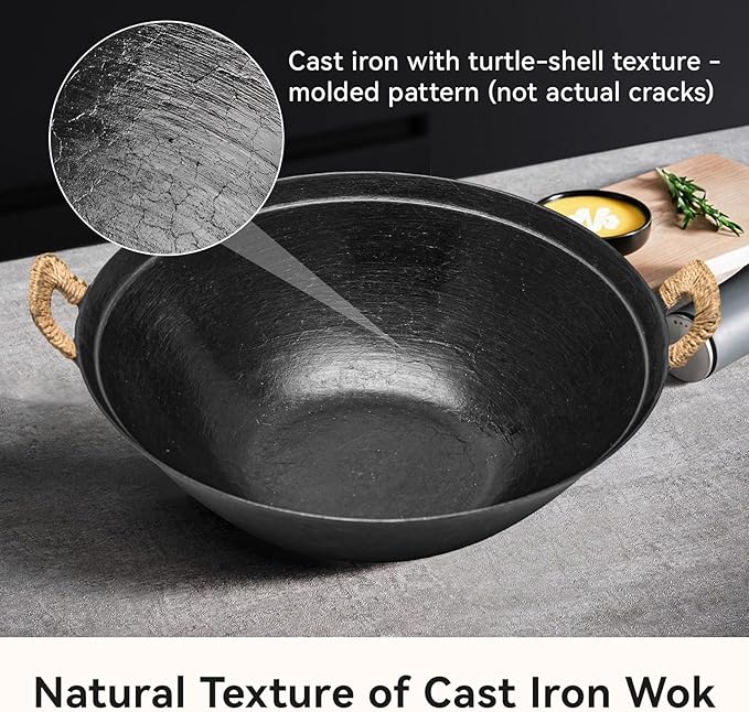 WANGYUANJI 13.4" Cast Iron Wok with Lid, Dual Handles - Flat Bottom Chinese Stir Fry Pan for Induction & Gas Stoves - Traditional Handcrafted Turtle Shell Texture, Uncoated & Non-Toxic