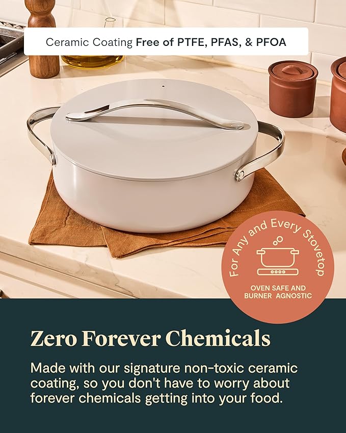 Caraway Rondeau - 6 Qt Non-Stick Pan with Lid - Free From Forever Chemicals - Perfect for Searing, Braising, & Roasting - Cream