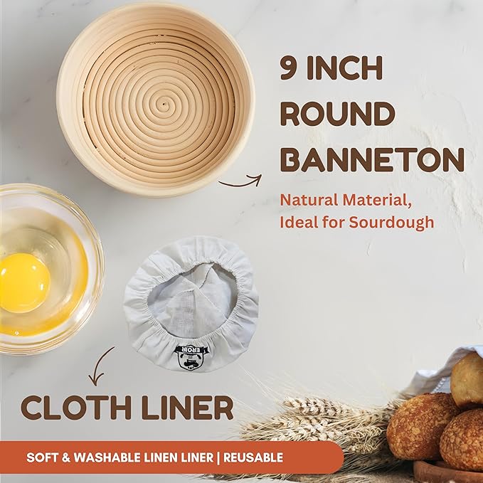 EROIR Sourdough Starter Kit - 38oz Glass Starter Jar with Date Marked Feeding Band, Thermometer, Jar Scraper, 9" Round Bread Proofing Basket, Dough Whisk, Lame, Bowl Scraper, Clean Brush, Recipes Book