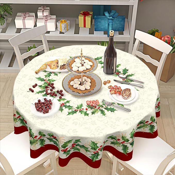 Christmas Round Tablecloth 60 Inch Red Xmas Holly Leaves Berries Pattern Circle Table Cloth Winter Holiday Decorative Table Cover for Kitchen Dinner Home Decor
