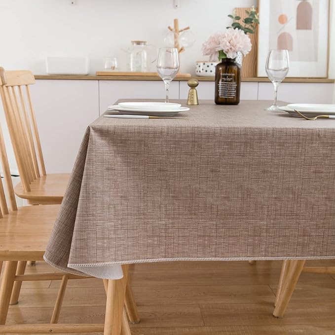 Pioggia Vinyl Tablecloth with Flannel Backing Square Waterproof Oil-Proof Plastic Table Cloth Wipeable PVC Table Cover for Indoor and Outdoor (Linen, 60 x 60 Inch)