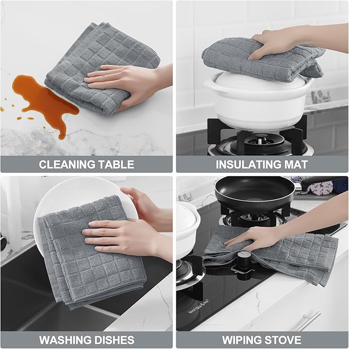 Homaxy Premium Cotton Kitchen Towels 16"x 28", Large Natural Ring Spun 390 GSM Dish Towels, Super Absorbent Terry Kitchen Hand Towels, Soft Tea Towels with Hanging Loop, Pure Grey Design, 8 Pack