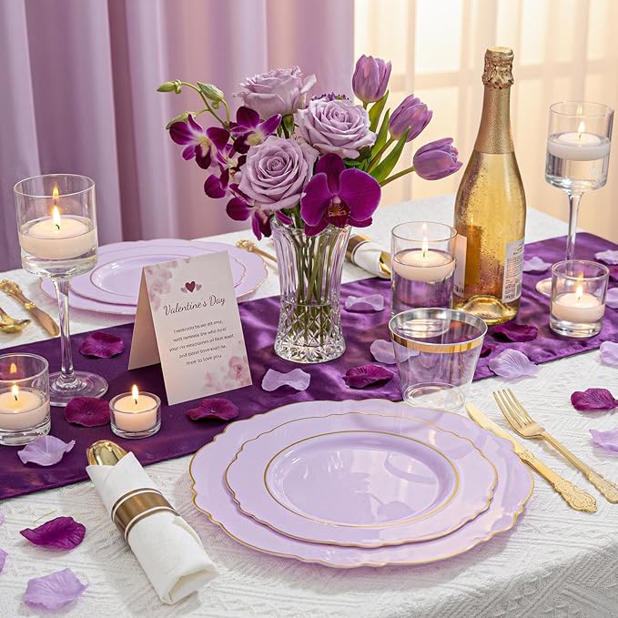 Liacere 350PCS Purple Plastic Plates - Disposable Lavender Plates 50guest Plastic Dinnerware include 100Light purple Plates,50Pack Pre Rolled Napkins Silverware 50Cups for Valentine’s Day＆Easter Day