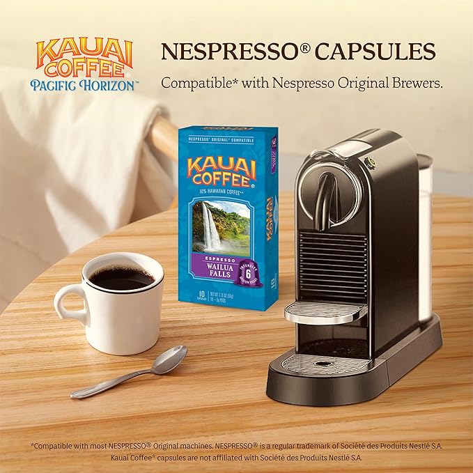Kauai Coffee Espresso Pods Compatible with Nespresso Original Coffee Makers – Arabica Coffee, 10% Hawaiian – Medium Roast, Floral Notes & Smooth Finish – Wailua Falls, 1 Pack of 10 Espresso Pods