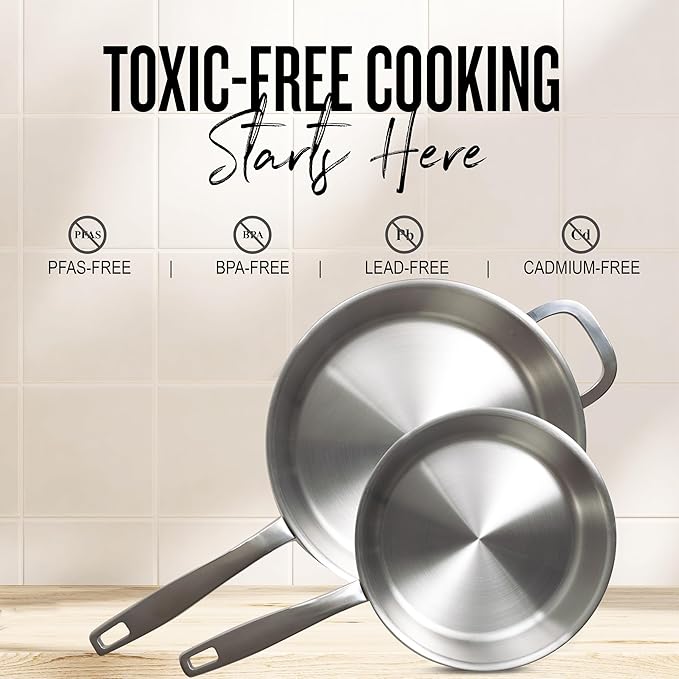 Alva Maestro 11" 5-Ply Stainless Steel Frying Pan & Glass Lid – Made Without PTFE/PFOA/PFAS, Non-Toxic & Oven Safe Cookware – Induction Compatible, Even Heat Distribution, Ergonomic Stay-Cool Handle