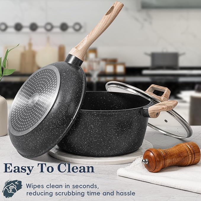 12 Pcs Pots and Pans Set Non Stick, Cookware Sets Black Granite Induction Cookware, Non-toxic Healthy Nonstick Kitchen Cooking Set with Frying Pans Set, Saucepans (PFAS/ PFOA/ PFOS Free)