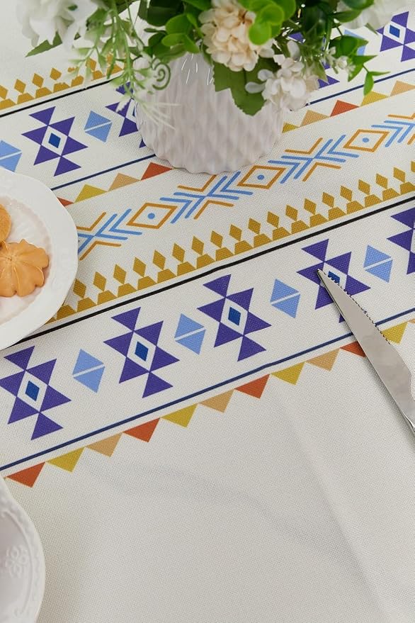 Bohemian Linen Rectangle Tablecloth 55''x 90'', Boho Tassels Table Cloth, Farmhouse Dining Table Cover Waterproof & Wrinkle Free for Kitchen, Holiday, Party, Picnic