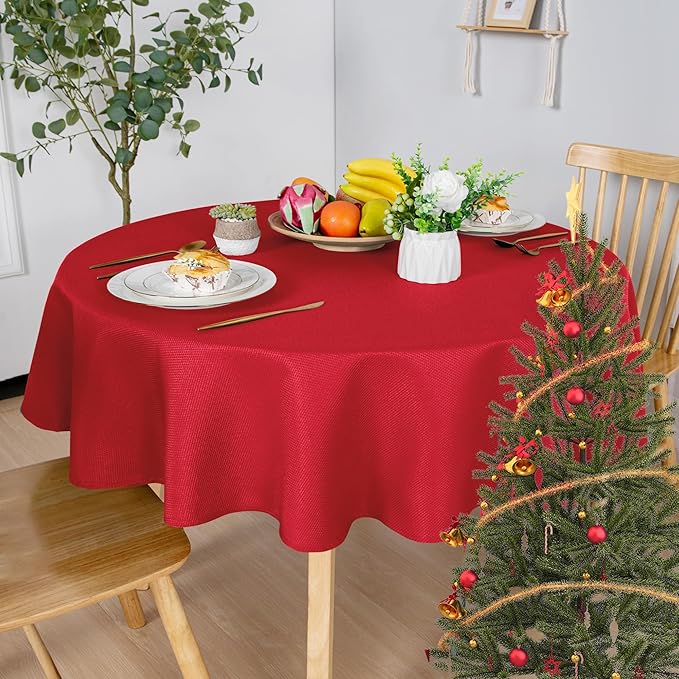 Hiasan Round Textured Tablecloth 60 Inch - Waterproof Spillproof Antiwrinkle Jacquard Table Cloth, Decorative Polyester Table Cover for Kitchen, Outdoor Picnic, Holiday and Parties, Red