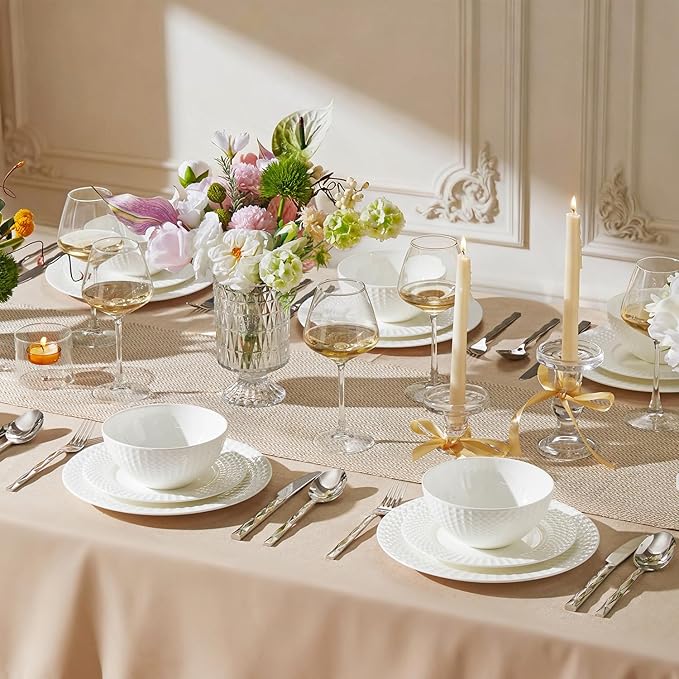 KINGSTONE Bone China Dinnerware Set, 18-Piece White Lightweight Porcelain for 6, Plates and Bowls with Rhombus patterned edge design, Microwave and Dishwasher Safe, for Family, Restaurant, Gifting