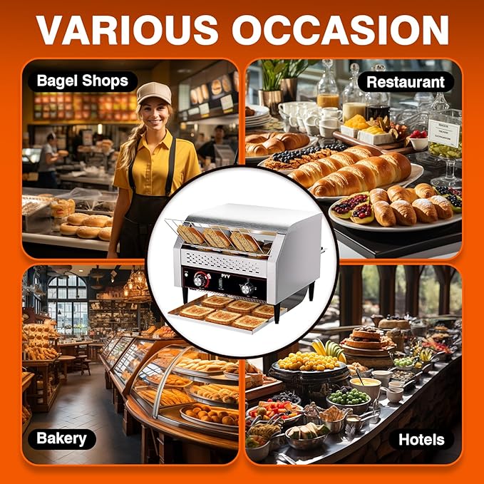 PYY Commercial Conveyor Toaster - Electric Industrial Belt Toasters Oven, 450 Slices/Hour Heavy Duty, Stainless Steel for Bun Bagel Bread Waffle Restaurant Buffet