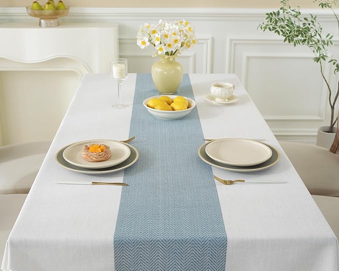 Alsoo Table Cloth Rectangle Table, Cotton Linen Tablecloth Waterproof, Boho Rustic Tables Cover with Tassel for Christmas Party Kitchen Dining Holiday Decorations (Beige, Blue Stripe, 120''x55'')