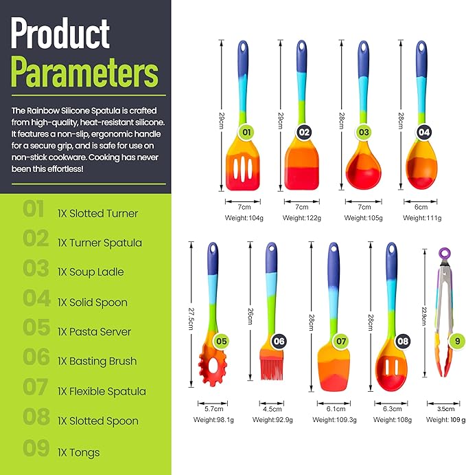 9-Piece Rainbow Silicone Spatula Set with Tongs – Multicolor Heat-Resistant Cooking Utensils for Nonstick Cookware – Flexible Turner, Spoon, Spatula, Brush, FDA Safe