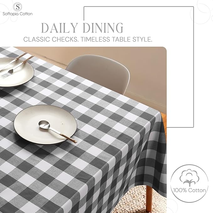 Grey and White Buffalo Check Tablecloth, 60x102 Inches, Plaid Dining Cover, 100% Cotton, Washable, Reusable Farmhouse Table Linen for Winter, Weddings, Buffet Parties, Everyday Dining
