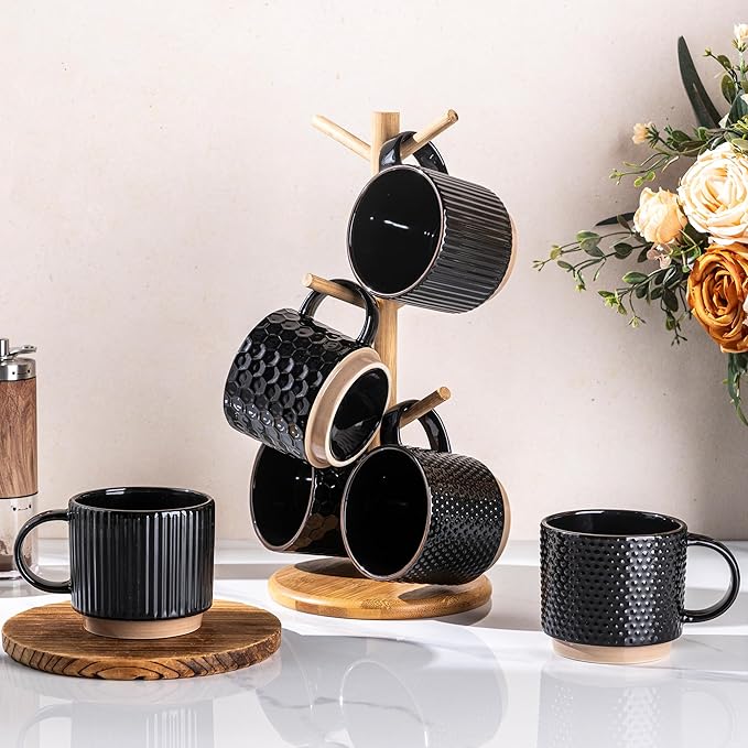 GBhome 12OZ Stackable Coffee Mugs Set of 6, Ceramic Coffee Mugs with Texture Patterns for Man,Woman,Dad,Mom, Modern Coffee Cups for Latte/Cappuccino/Cocoa. Dishwasher&Microwave Safe, Black