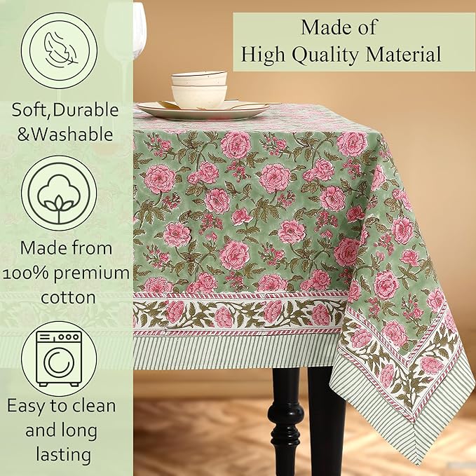 CPC Tablecloth 100% Cotton 72x140 Inch Indian Block Print Rectangle Table Cover, Pink Table Cloth for Weddings, Spring/Summer, Barbeque - Pink Tourmaline