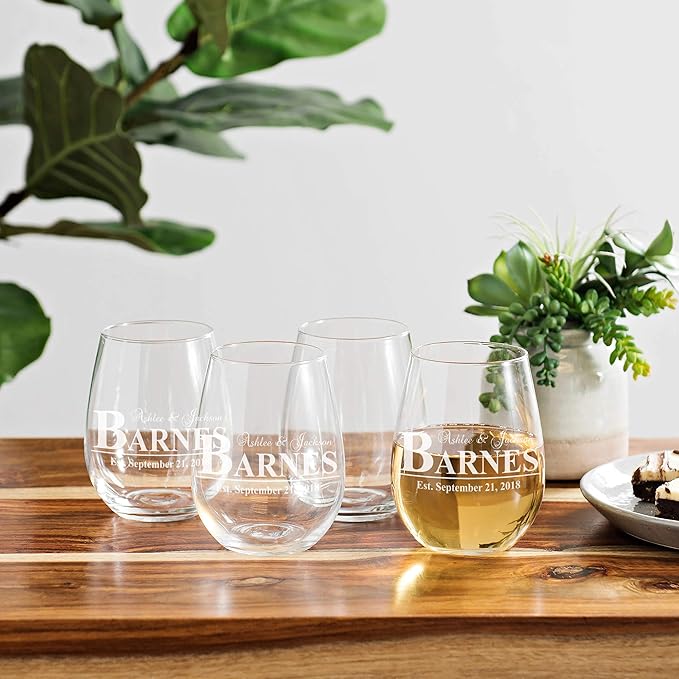 Personalized Wedding Wine Glass, Premium 21oz Stemless Wine Glass Laser Engraved with your Wedding Anniversary Information! | Wedding Shower Gifts for the Bride or Groom!