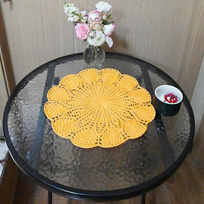 BIBITIME Round Flower Lace Doilies Vase Mats Kitchen Tablecloth Dish Plate Mat Handmade Crochet Table Doily Placemats (Yellow, 11.8 in to 13.8 in,1PC)