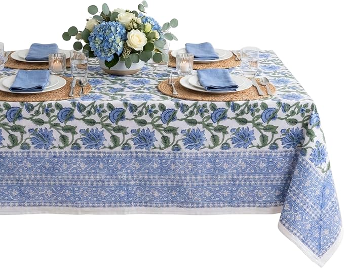 ATOSII Taj 100% Cotton Fall Autumn Tablecloth, Hand Block Print Floral Rectangle Table Cloth Linen for Dining Buffet Parties Weddings Outdoors Christmas Thanksgiving Decor 60 X 90 Inches, 6 Seater