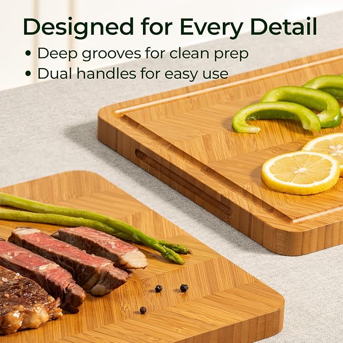 Atelier Collection Bamboo Cutting Board Set of 3, Reversible Wood Chopping Boards for Kitchen with Juice Grooves, Handcrafted Large Serving Tray, Luxury Housewarming Wedding Gifts for New Home