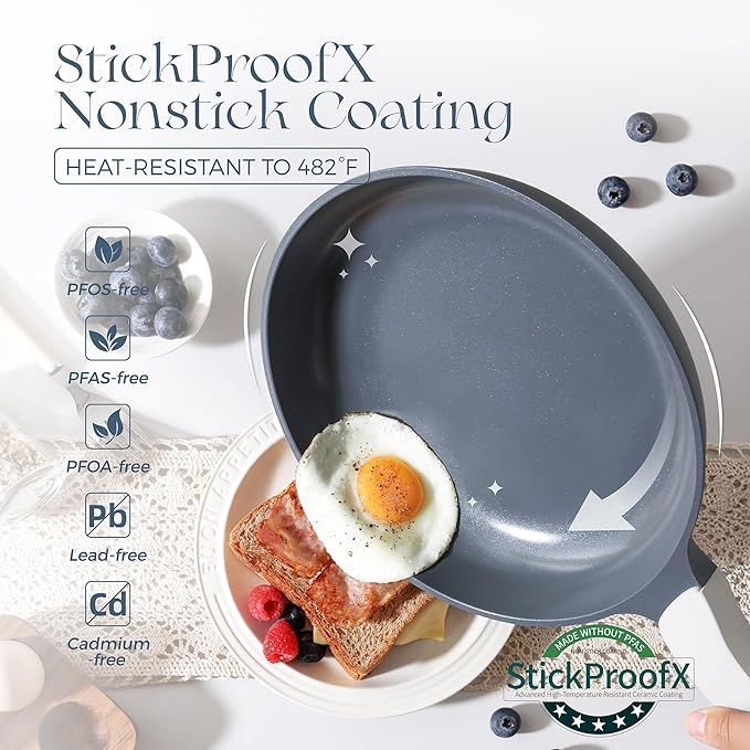 PRICUSIS 8Pcs Ceramic Nonstick Frying Pan Set with Lid, 8+10+12 Inch Induction Compatible Skillet with Stay Cool Handle, Fully Coated, 100% Dishwasher Safe, PFAS & PTFE & PFOA Free (Blueberry Gray