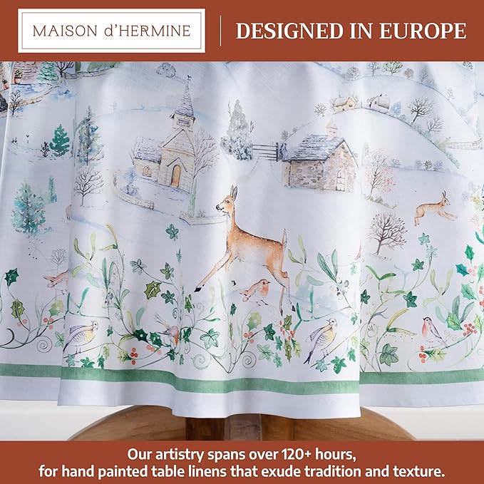 Maison d' Hermine Table Cloth Round Table 100% Cotton 69 Inches Fall Tablecloth Reusable Everyday Use for Thanksgiving Christmas Decorations Dining Farmhouse Party (Snowy World)