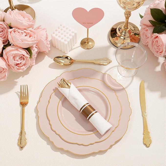 Liacere 350PCS Pink Plates Disposable-PinK Plates 50guest Baroque Plastic Dinnerware include 100Plates, 50Pack Pre Rolled Napkins with Silverware 50Cups Perfect for Valentine's Day＆Galentines Day