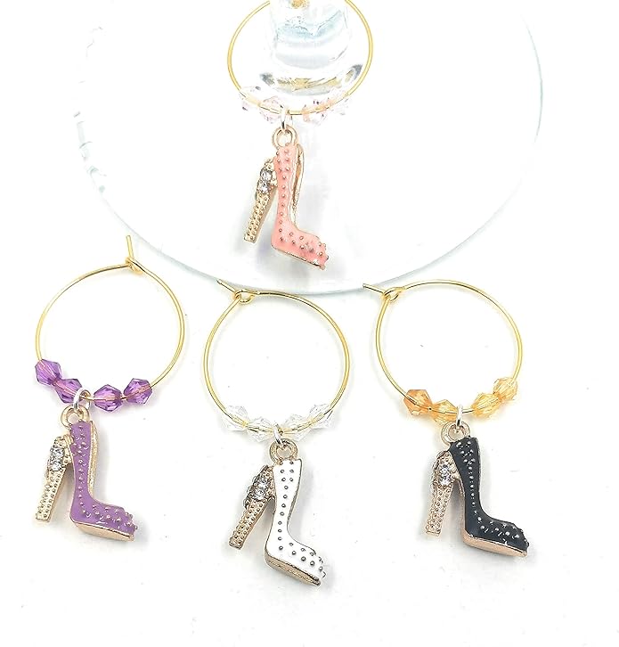 High Heel Shoe Wine Charms, Glass Tag Identifiers, High Heel Pumps For Girl's Night, Bachelorette Party Wine Charms, Party Supplies and Favors - 4 piece set