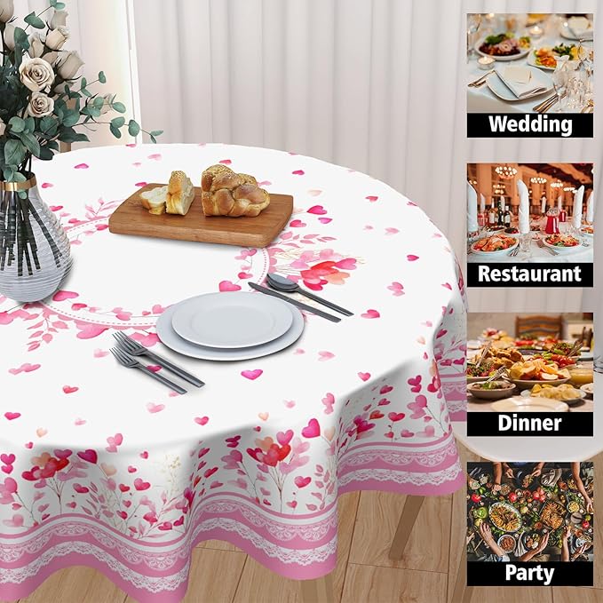 Valentine Round Tablecloth 70 Inch Pink Love Heart Floral Plants Circle Table Cloth Seasonal Holiday Valentine's Day Table Cover for Party Kitchen Dinner Home Decor