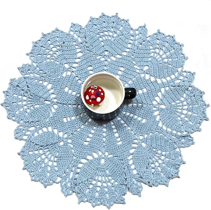 BIBITIME Tulip Flower Doilies Lace Doilies Kitchen Table Doily Mats Tablecloth Handmade Crochet Placemats Vase Dish Plate Mat (1 PC- 15 inches- 16 inches, Light Blue)
