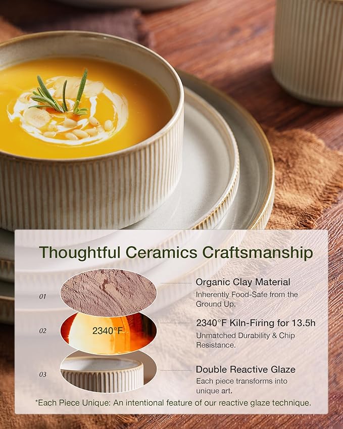 Famiware Star Dinnerware Set with Pasta Bowls, Service for 6 (24 Pieces), Ribbed Stoneware Plates and Double Bowls Sets - Chip & Scratch Resistant, Microwave & Dishwasher Safe Dishes, Cappuccino White