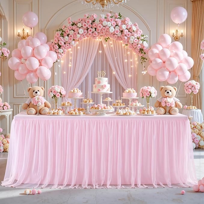 2 Pack 8ft Pink Tablecloths for Rectangle Tables, 8 Foot Pink Rectangular Table Cloth, Wrinkle Free Table Cover with Tutu Skirt for Baby Shower Girls Birthday Party Banquet Buffet Cake Decorations