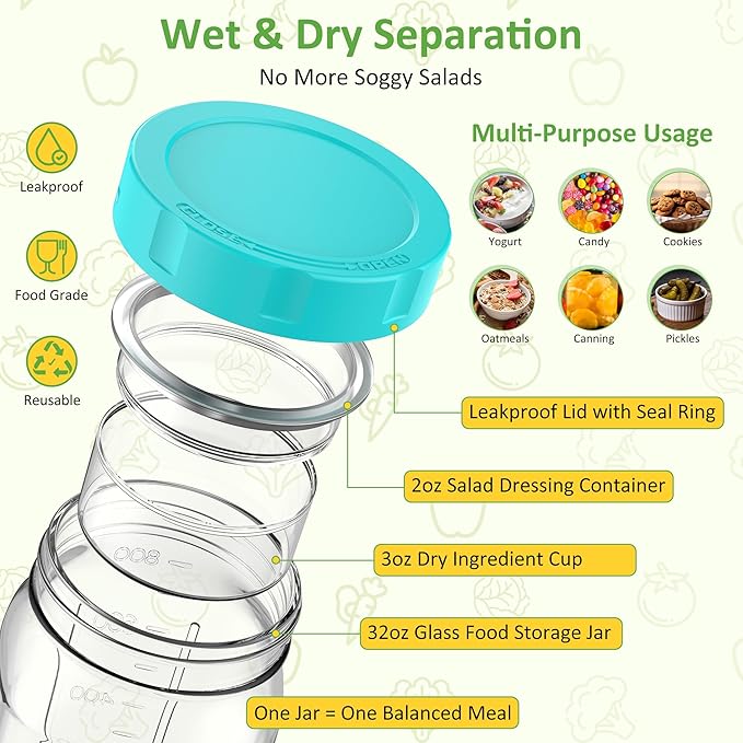 4Pack Glass Salad Jars with Lids, 32oz Salads Mason Jars with Wet/Dry Separation Cup, Meal Prep Salad Containers for Lunch, Leakproof Wide Mouth Food Storage Containers, BPA-Free Reusable (Mint Green)
