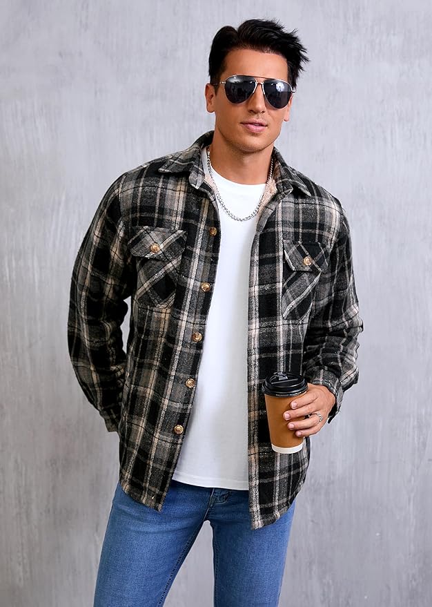 Men's Cotton Sherpa Lined Button Down Flannel Shirt Jacket Plaid Soft Outdoor Flannel Jacket Shirt