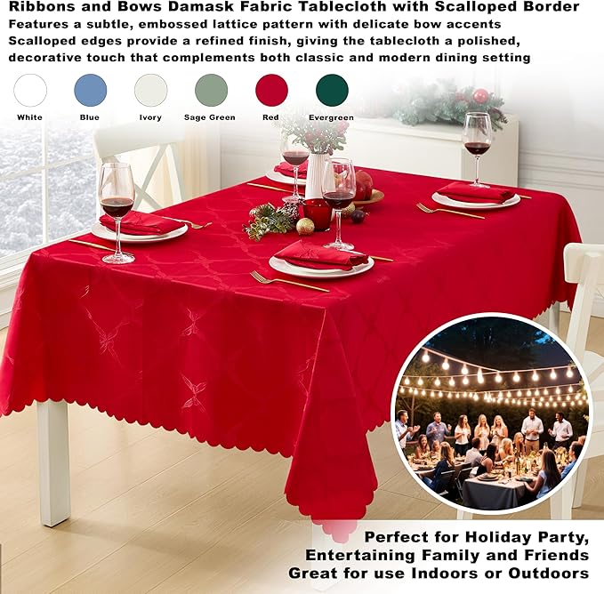Newbridge Valentines Day Rectangle Tablecloth, 52 x 70 Inch, Ribbons and Bows Damask, Wrinkle and Stain Resistant Fabric Table Cloth, Holiday Red